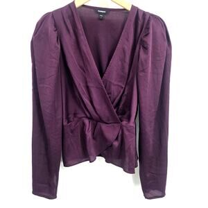 Express Small Purple Blouse Top Wrap V Neck Long Sleeve Peplum Puff Shoulders